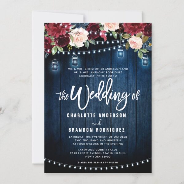 Burgundy Navy Floral Rustic String Light Wedding Invitation