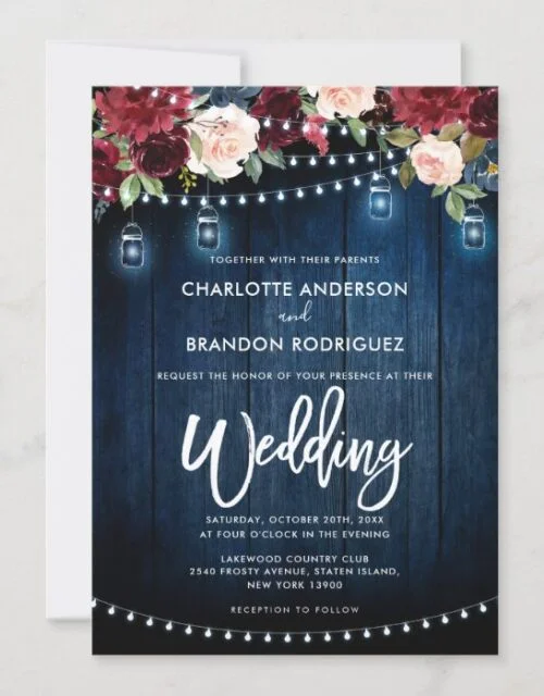 Burgundy Navy Floral Rustic String Light Wedding Invitation