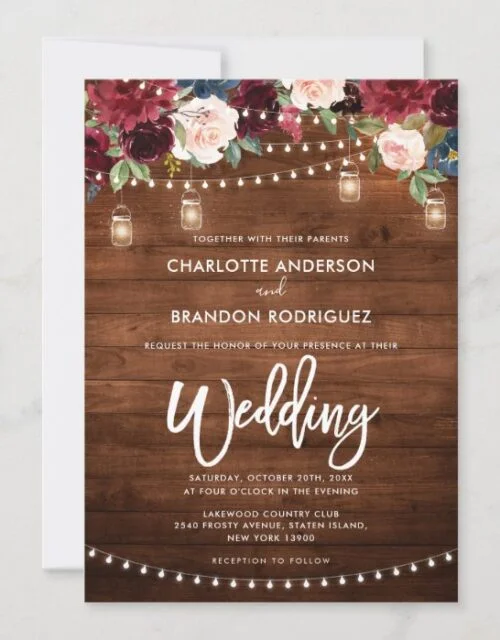 Burgundy Navy Floral Rustic String Light Wedding Invitation