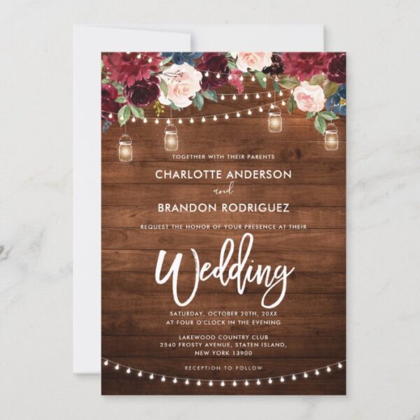 Burgundy Navy Floral Rustic String Light Wedding Invitation