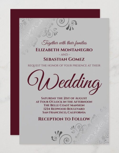 Burgundy on Gray with Lacy Silver Frills Wedding Invitation