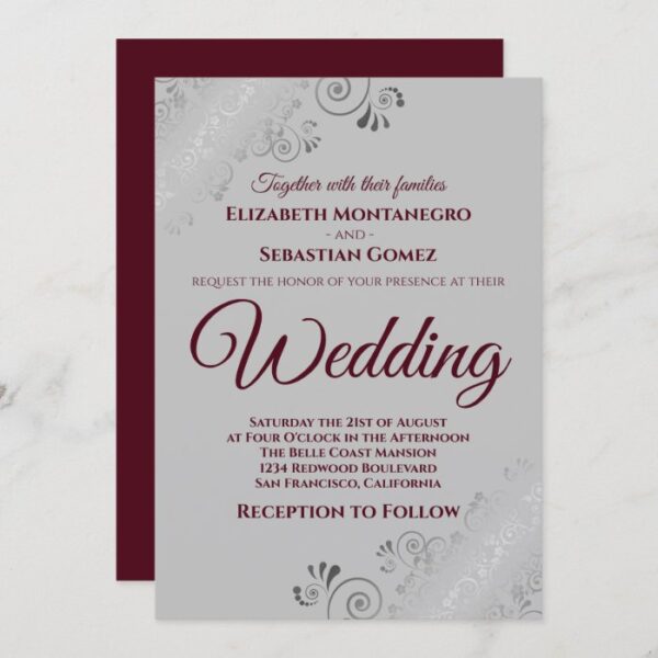 Burgundy on Gray with Lacy Silver Frills Wedding Invitation