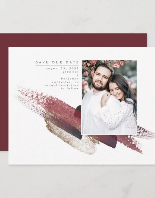 Burgundy Red and Gold Modern Save the Date Photo