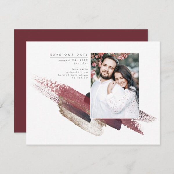 Burgundy Red and Gold Modern Save the Date Photo