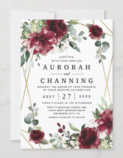 Burgundy Red Blush Gold Geometric Greenery Wedding Invitation