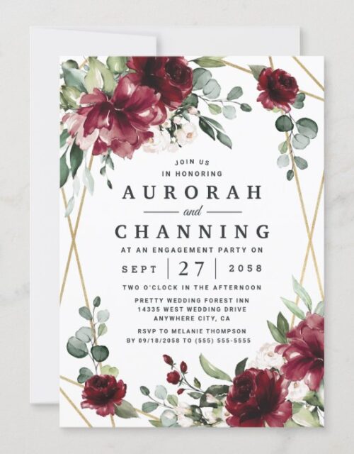 Burgundy Red Blush Gold Greenery Engagement Party Invitation