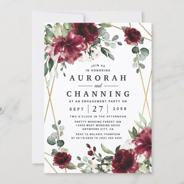 Burgundy Red Blush Gold Greenery Engagement Party Invitation