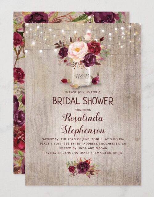Burgundy Red Floral Mason Jar Rustic Bridal Shower Invitation