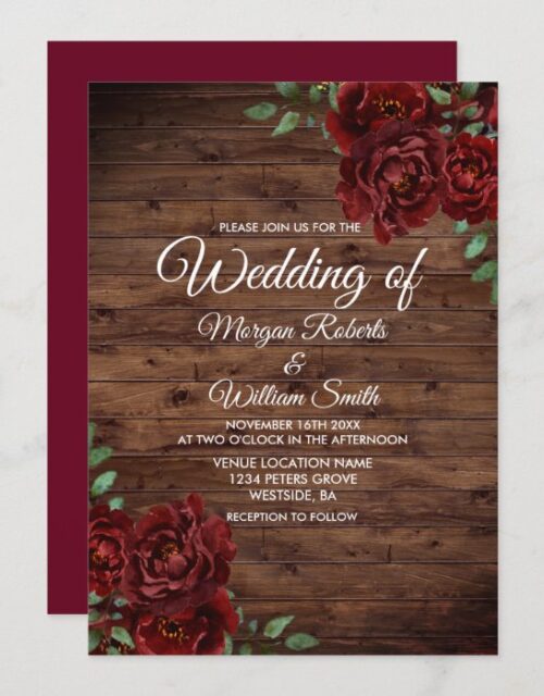 Burgundy Red Rose Rustic Wood Wedding Invitation