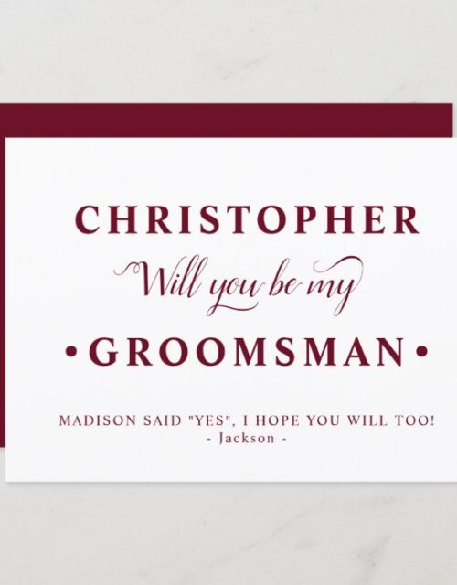 Burgundy White Minimalist Groomsman Proposal Card