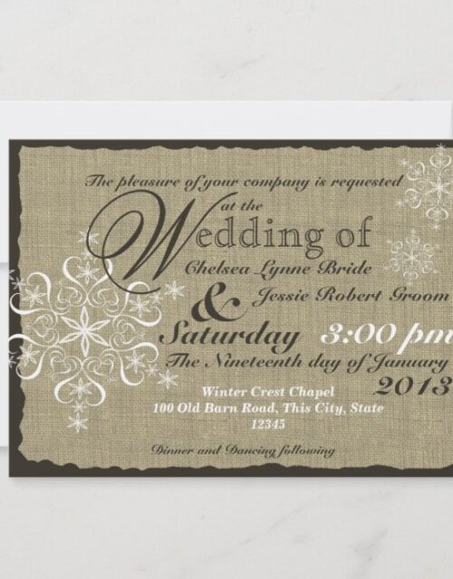 Burlap and Snowflakes Wedding  5 x 7 Invitation