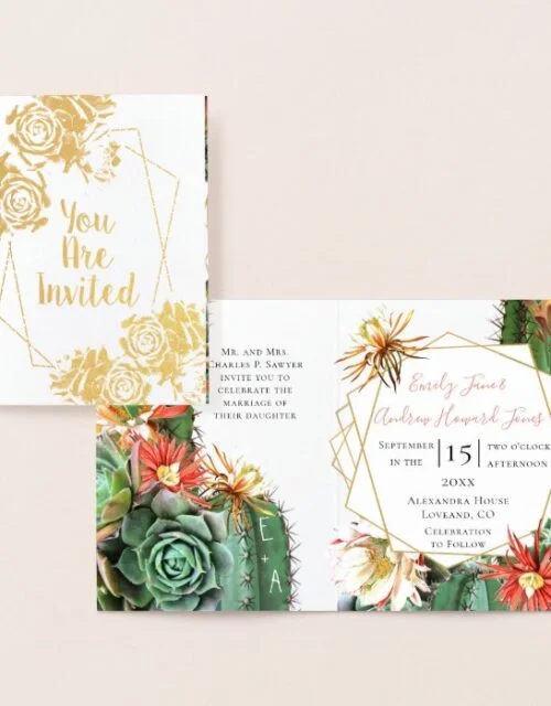 Cactus Succulent Coral Green Real Gold foil Foil Card