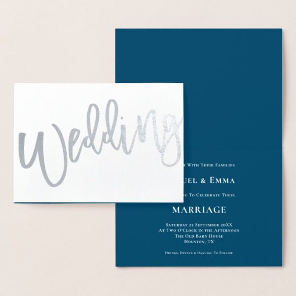 Calligraphy Wedding Invitation Blue Silver Foil