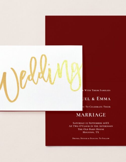 Calligraphy Wedding Invitation Burgundy Gold Foil