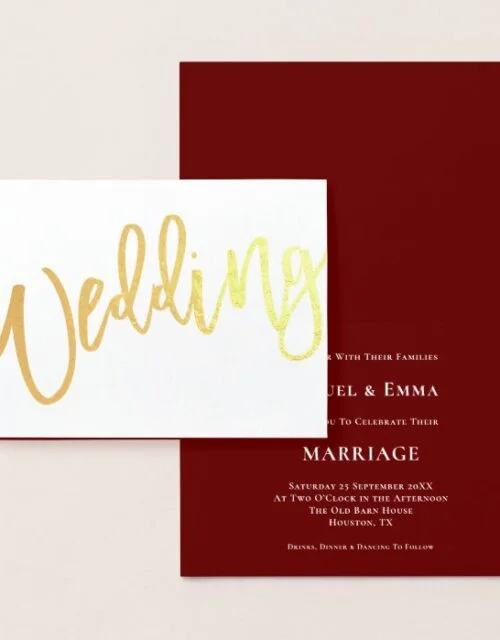 Calligraphy Wedding Invitation Burgundy Gold Foil