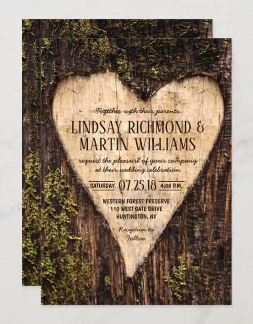 Carved Heart Country Rustic Tree Wedding Invitation
