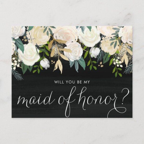 Chalkboard Pale Peonies Be My Maid of Honor Invitation Postcard