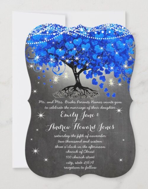Chalkboard Royal Blue Heart Leaf Tree Mason Jar Invitation