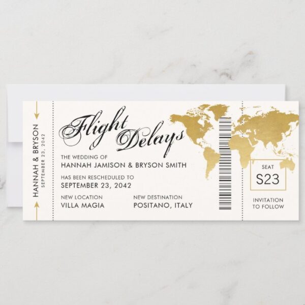 Change in Plans World Map Boarding Ticket Wedding Announcement