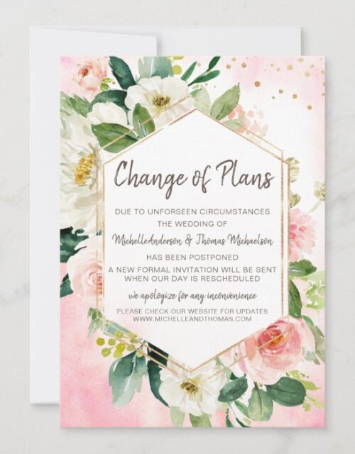 Change of Plans Wedding Watercolor Floral Pink Save The Date