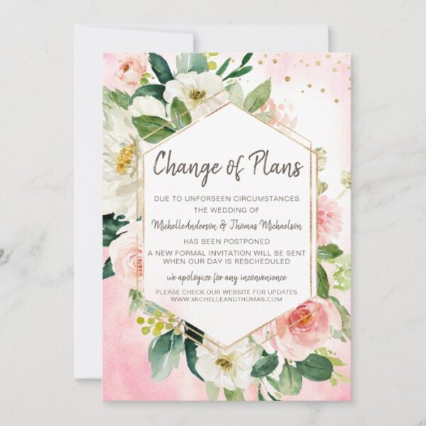 Change of Plans Wedding Watercolor Floral Pink Save The Date