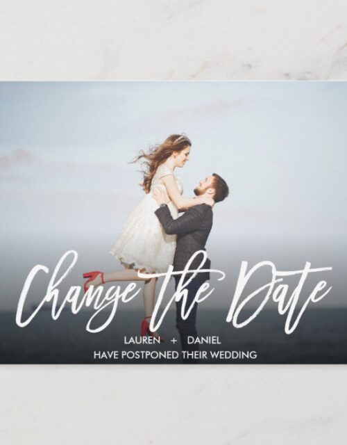 CHANGE THE DATE Modern calligraphy landscape photo Announcement Postcard