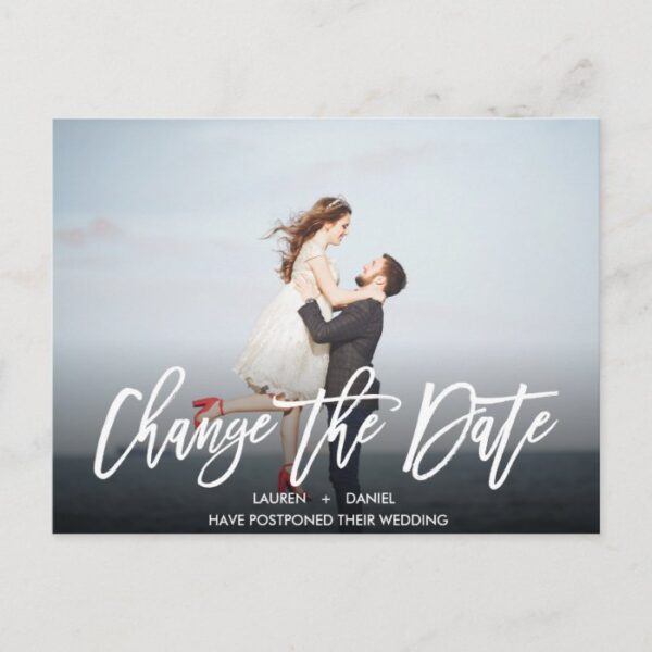 CHANGE THE DATE Modern calligraphy landscape photo Announcement Postcard