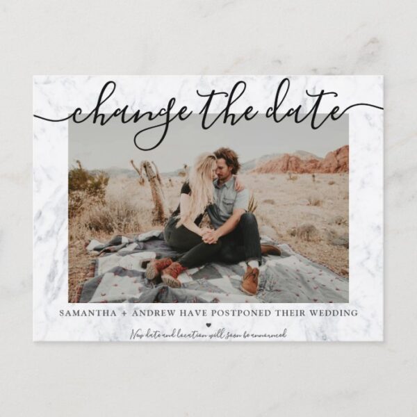 Change the date modern marble typography photo announcement postcard
