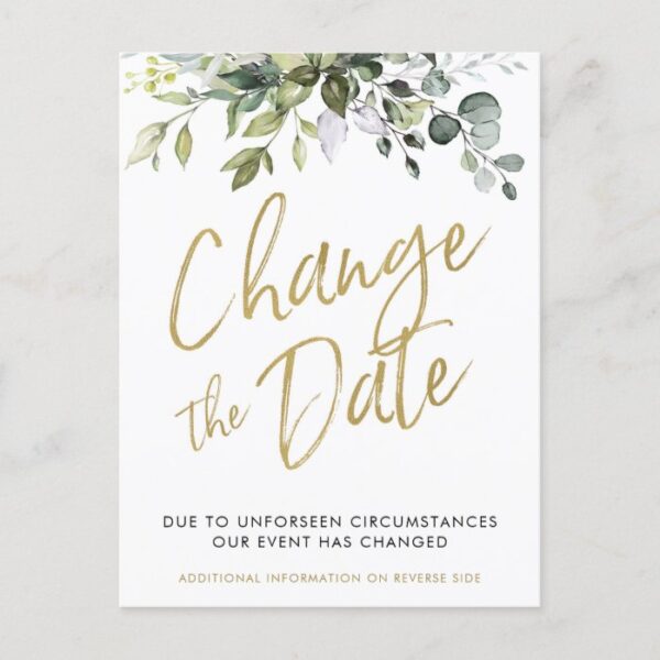 Change The Date, Postponed, Wedding Cards Greenery