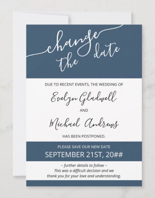 Change the Date Script Blue Rescheduled Wedding Announcement