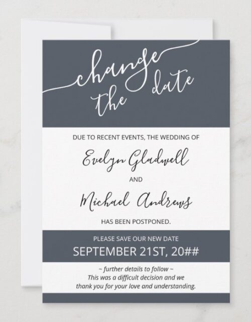 Change the Date Script Grey Rescheduled Wedding Announcement