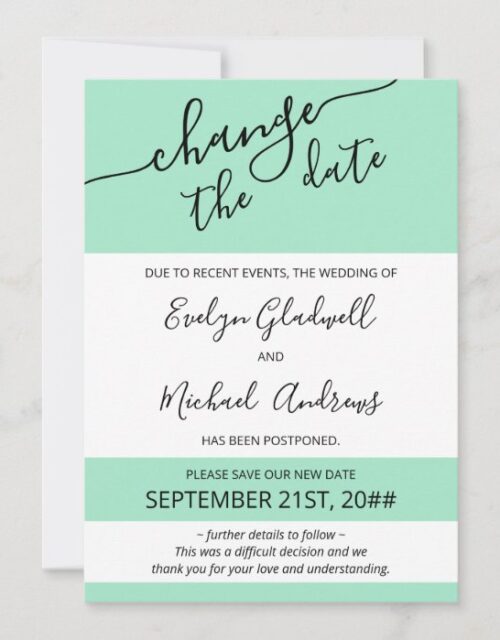Change the Date Script Mint Rescheduled Wedding Announcement