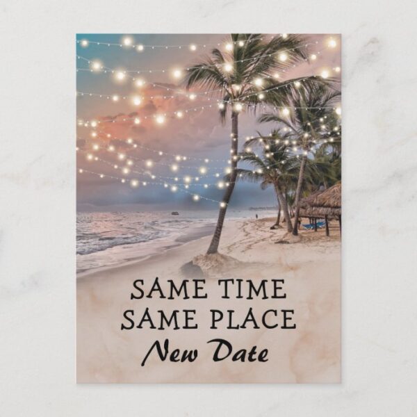 Change The Date Tropical Beach Lights Announcement Postcard