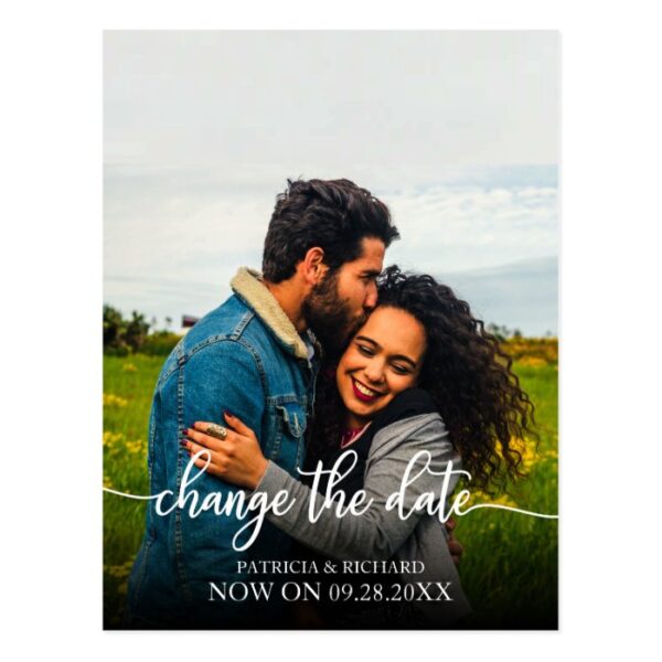 Change The Date Wedding Postponed Elegant  Script Postcard