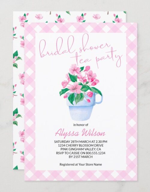 Cherry Blossom Gingham Bridal Shower Tea Party Invitation