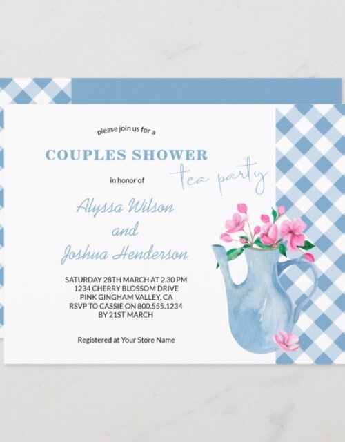Cherry Blossom Gingham Couples Shower Tea Party Invitation