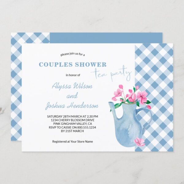 Cherry Blossom Gingham Couples Shower Tea Party Invitation