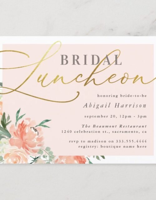Chic Blush & Gold Script Floral Bridal Luncheon Invitation Postcard