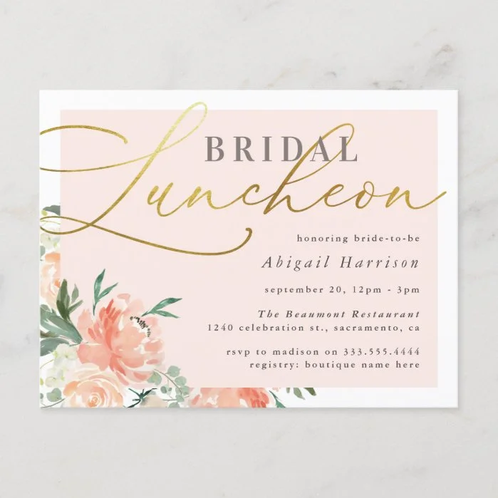 Chic Blush & Gold Script Floral Bridal Luncheon Invitation Postcard