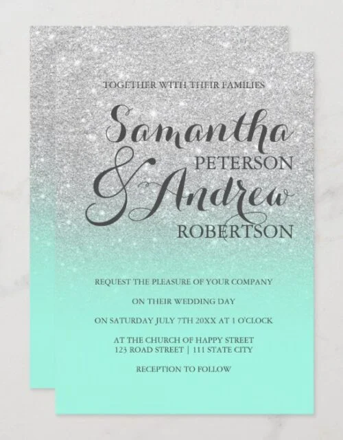 Chic elegant silver glitter mint green wedding invitation