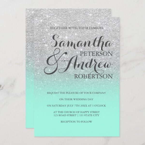 Chic elegant silver glitter mint green wedding invitation