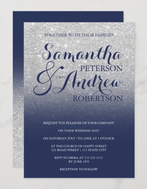 Chic faux silver glitter navy blue wedding invitation
