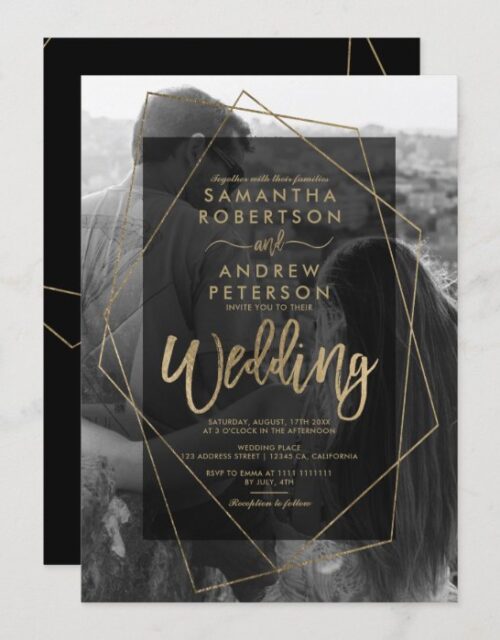 Chic geometric gold typography photo wedding invitation