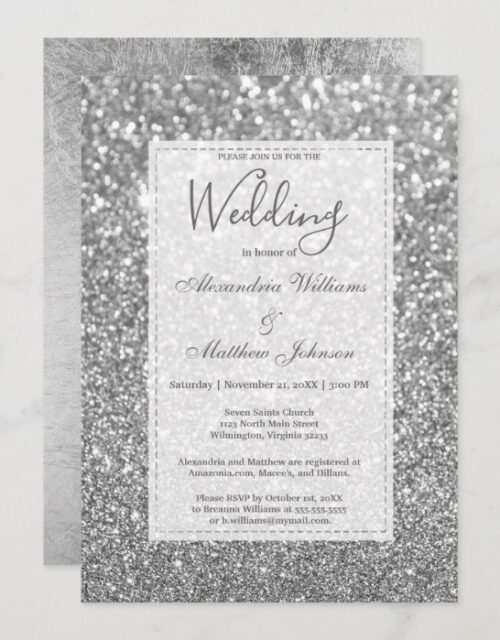 Chic glamorous trendy silver glitter Wedding Invitation