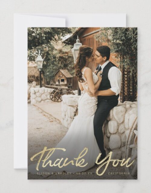Chic Gold Brush Script with Full Bleed Photo Thank You Card
