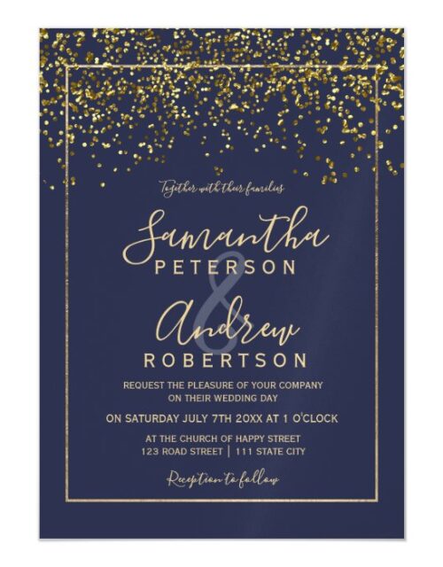 Chic gold confetti navy blue typography wedding magnetic invitation