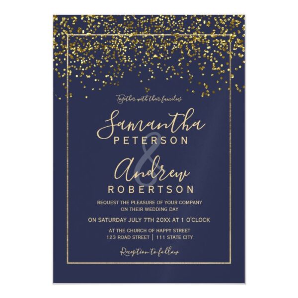 Chic gold confetti navy blue typography wedding magnetic invitation