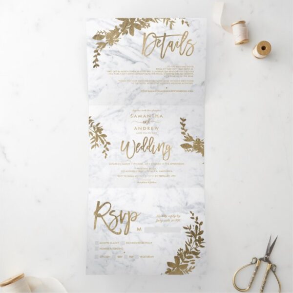 Chic gold Floral white marble chic script wedding Tri-Fold Invitation