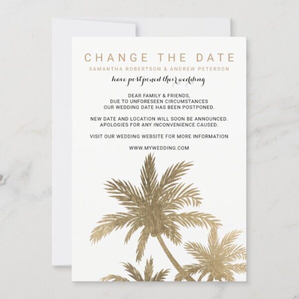 Chic gold palm tree elegant change the date save the date