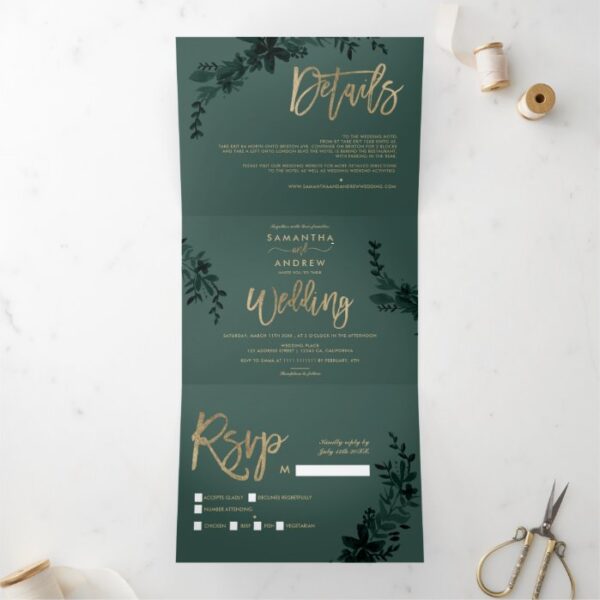 Chic gold script Floral green elegant wedding Tri-Fold Invitation